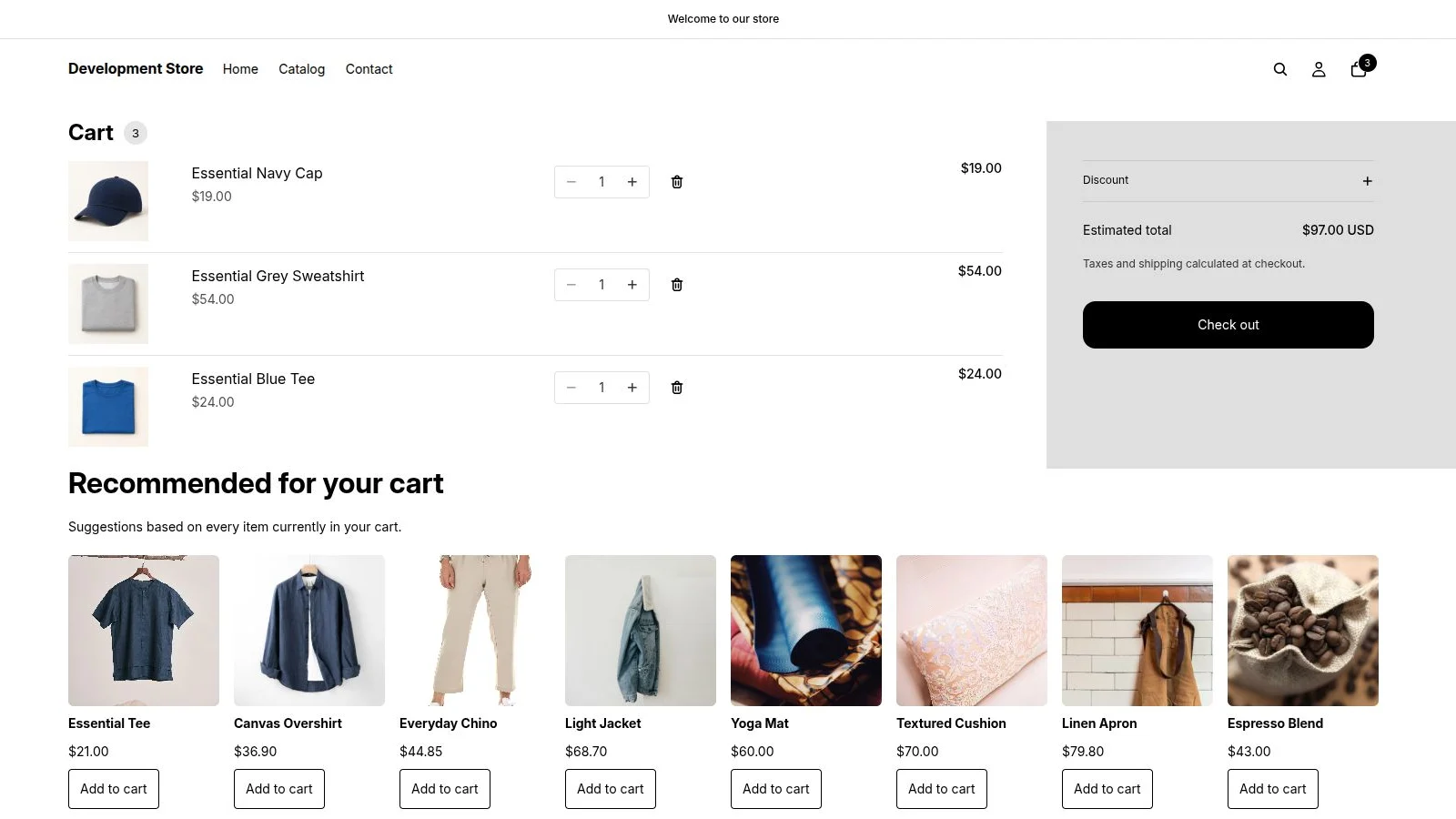 Development-store cart with three products and eight RecoReady suggestions